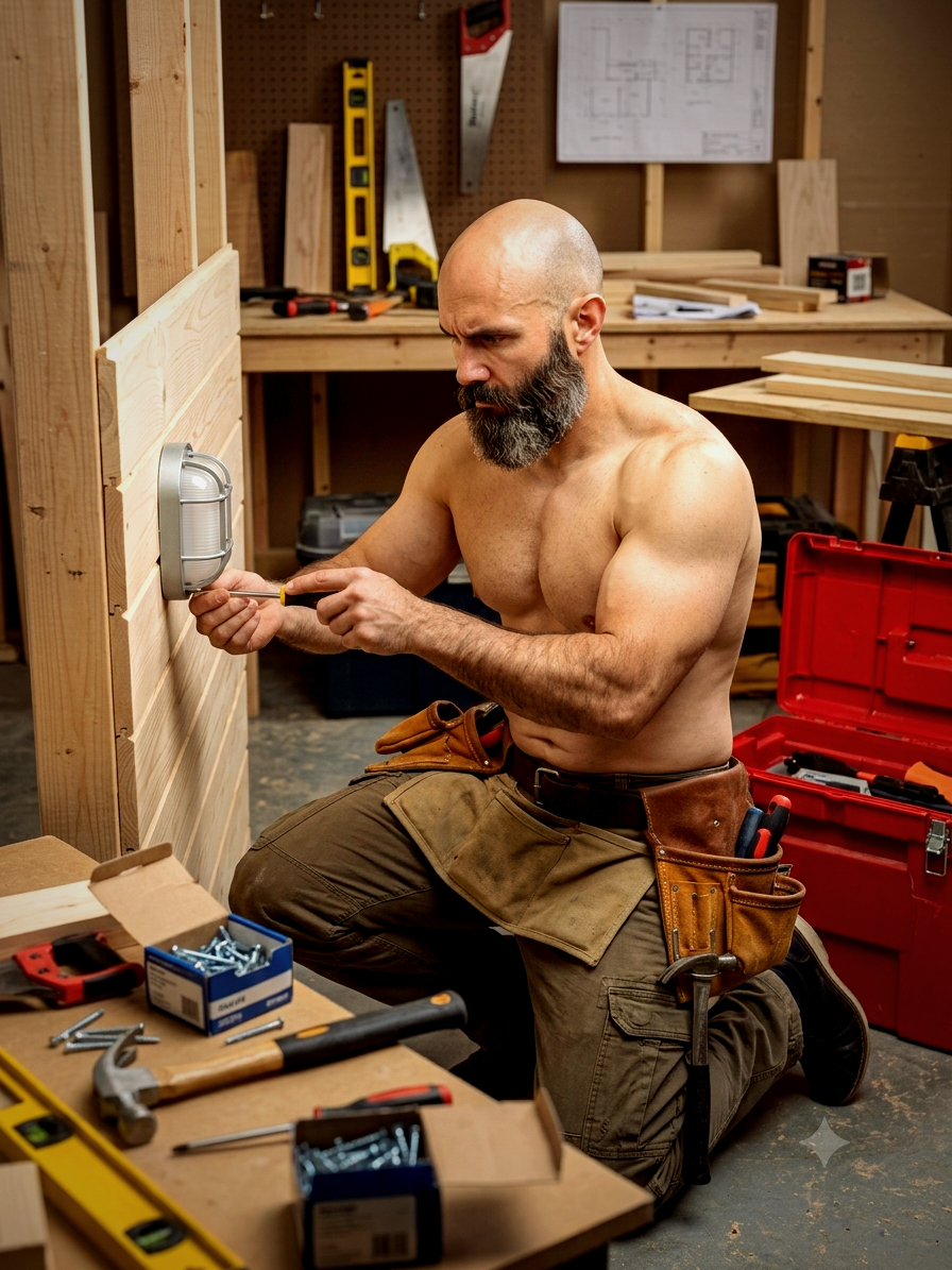 Handyman installing a wall light fixture